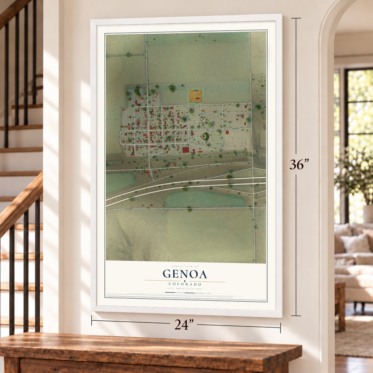 Genoa, Colorado map, 24 x 36 inch print in a white frame by a staircase