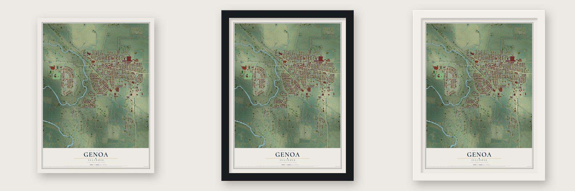 Genoa, Illinois map unframed, in a black wood frame and in a white wood frame