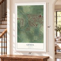 Genoa, Illinois map, 24 x 36 inch print in a white frame by a staircase