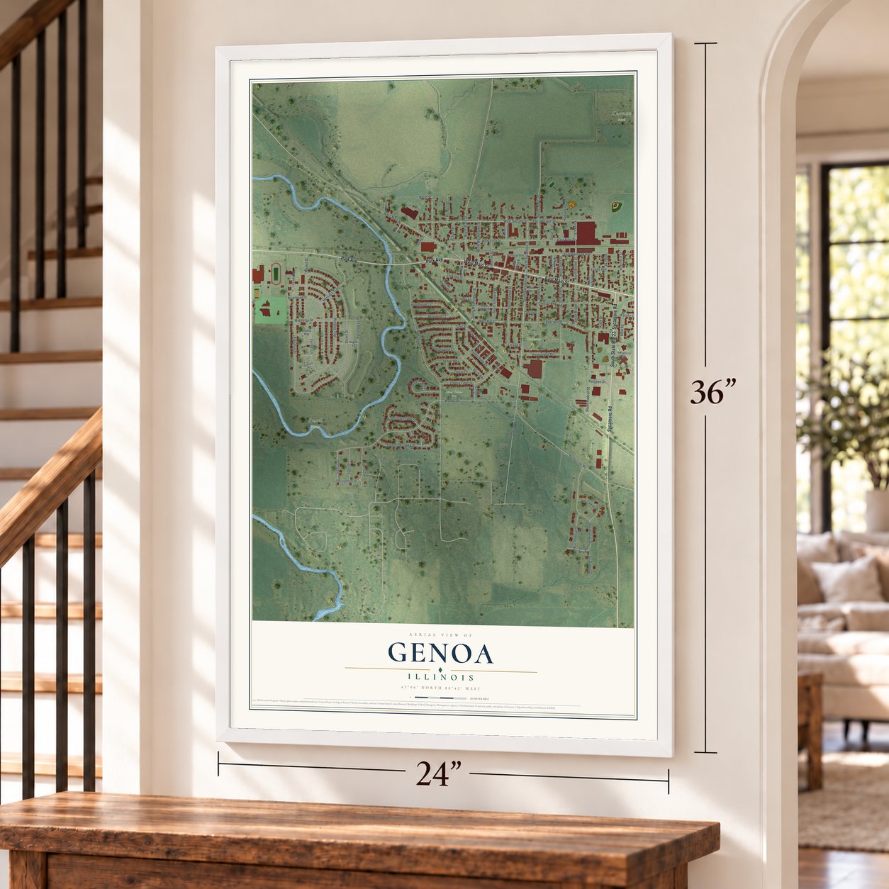 Genoa, Illinois map, 24 x 36 inch print in a white frame by a staircase