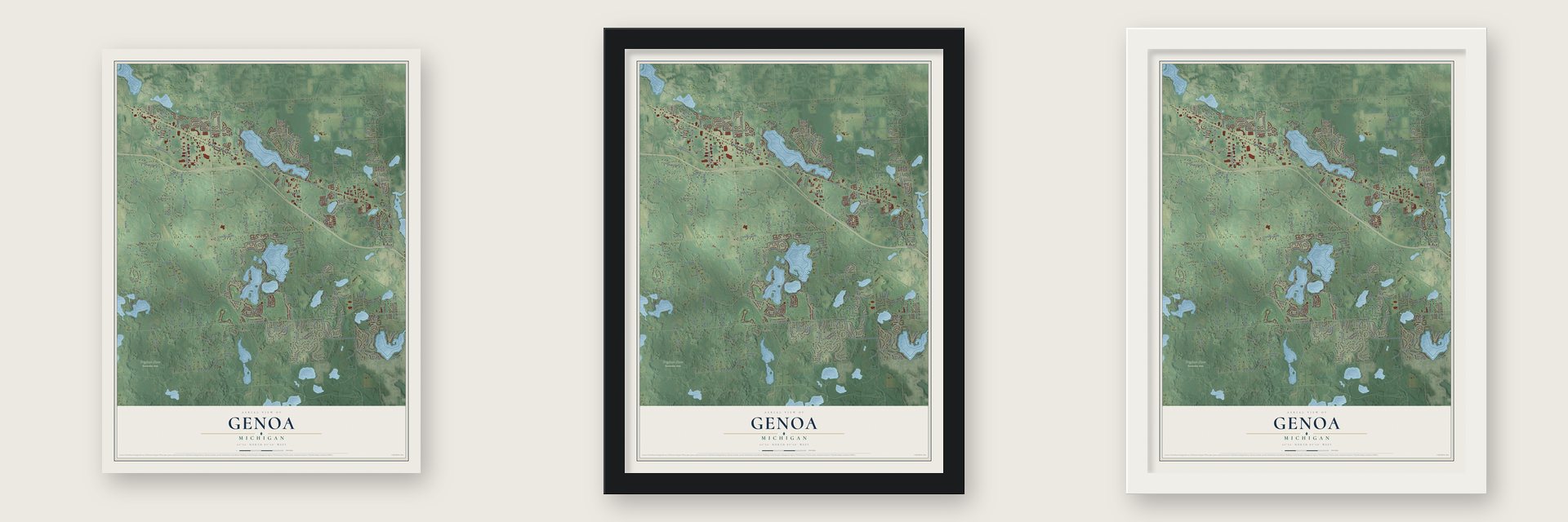 Genoa, Michigan map unframed, in a black wood frame and in a white wood frame