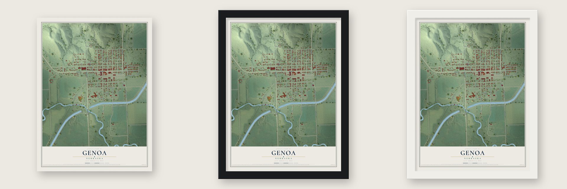 Genoa, Nebraska map unframed, in a black wood frame and in a white wood frame