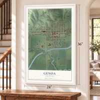 Genoa, Nebraska map, 24 x 36 inch print in a white frame by a staircase