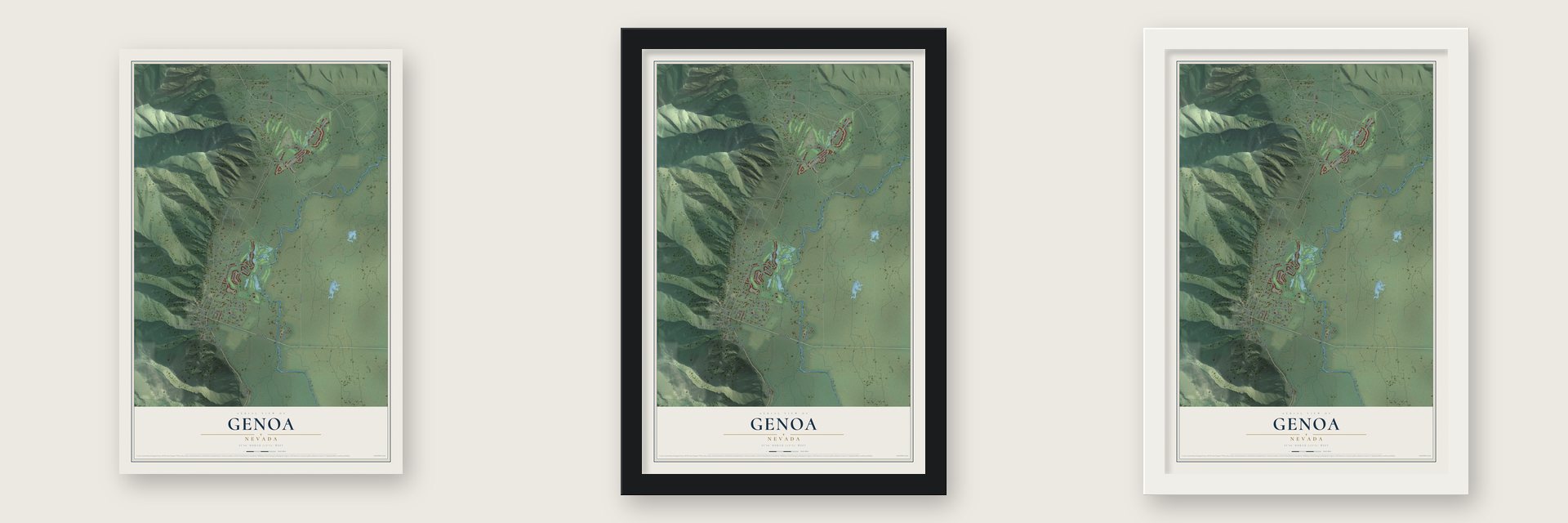 Genoa, Nevada map unframed, in a black wood frame and in a white wood frame