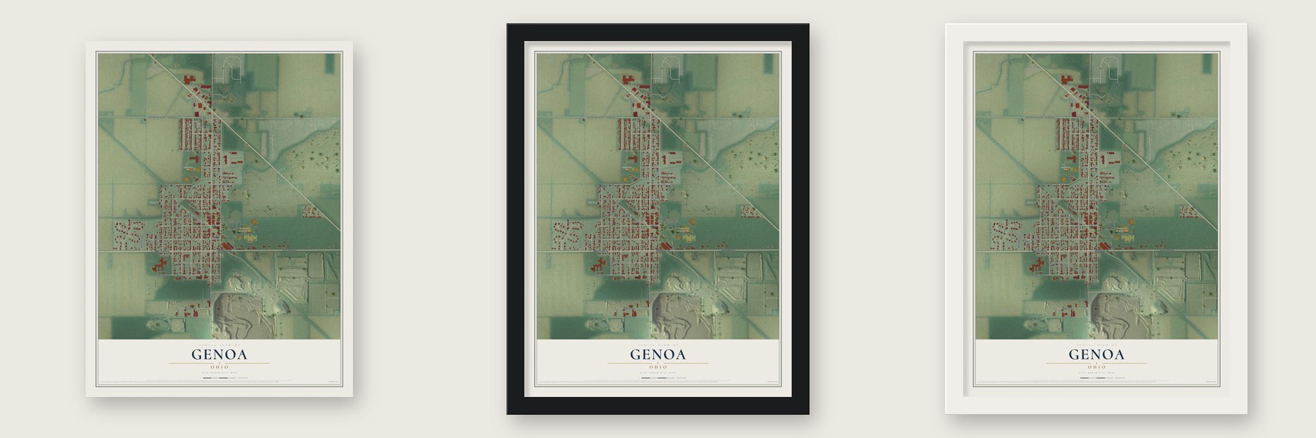 Genoa, Ohio map unframed, in a black wood frame and in a white wood frame
