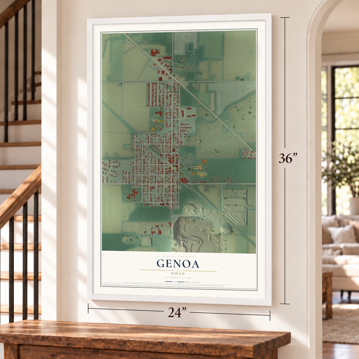 Genoa, Ohio map, 24 x 36 inch print in a white frame by a staircase