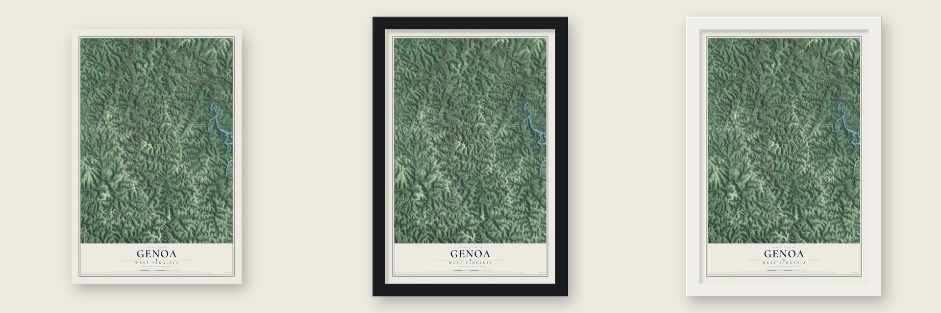 Genoa, West Virginia map unframed, in a black wood frame and in a white wood frame