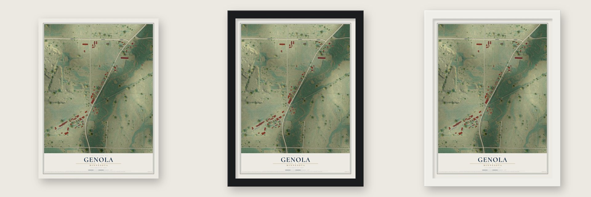 Genola, Minnesota map unframed, in a black wood frame and in a white wood frame