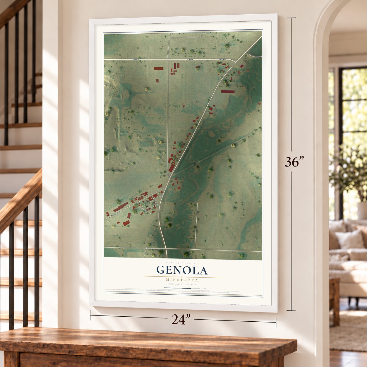 Genola, Minnesota map, 24 x 36 inch print in a white frame by a staircase