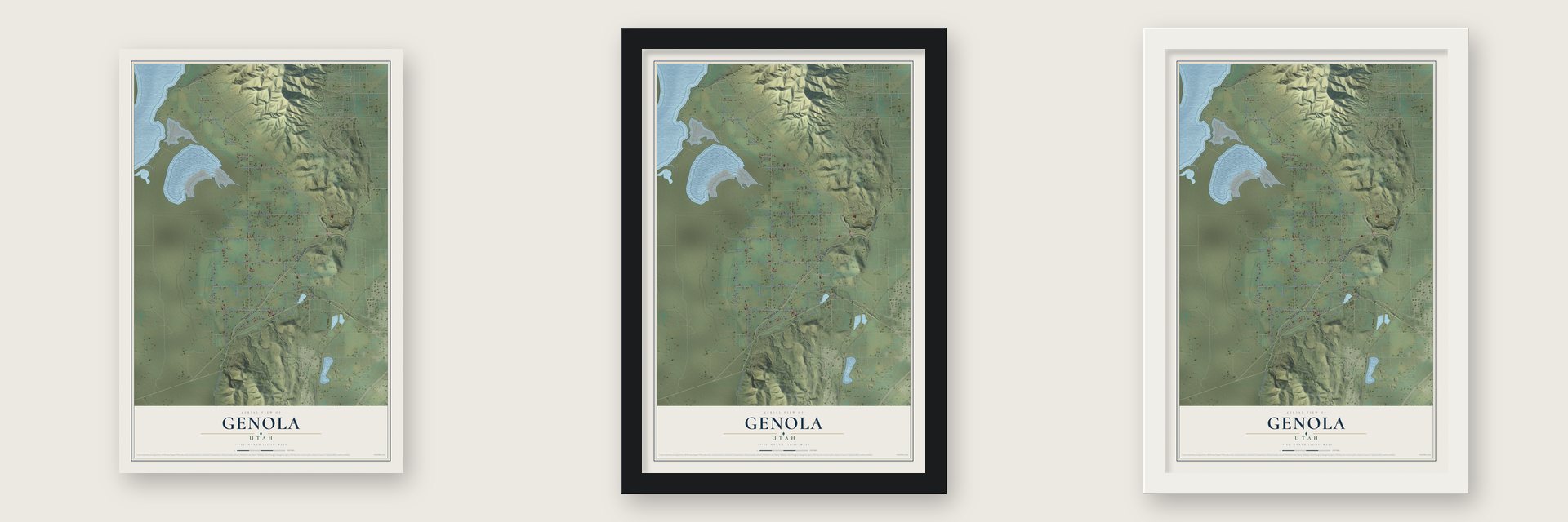 Genola, Utah map unframed, in a black wood frame and in a white wood frame
