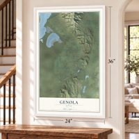 Genola, Utah map, 24 x 36 inch print in a white frame by a staircase