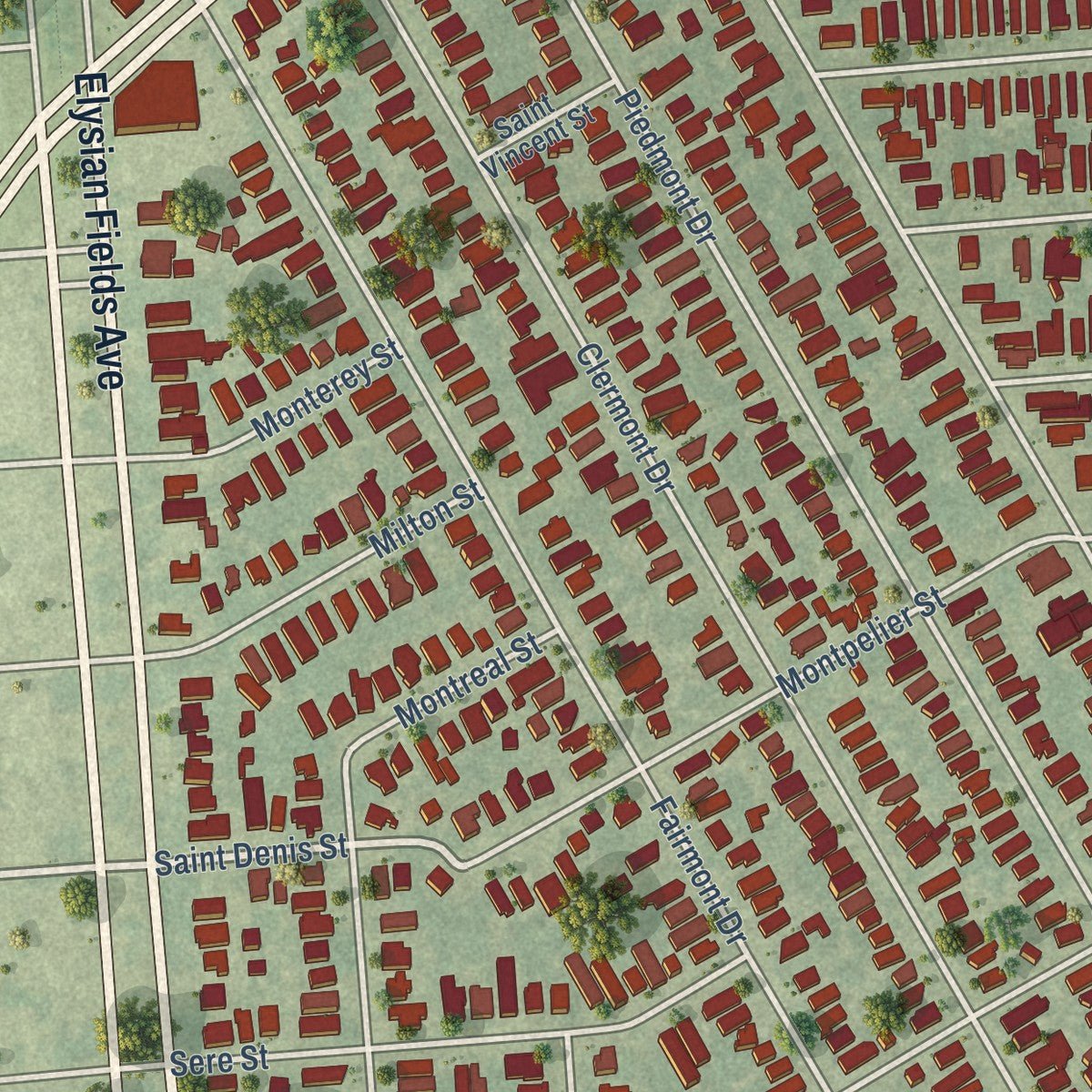Second close-up of the map of Gentilly Terrace, Louisiana print showing more streets and buildings