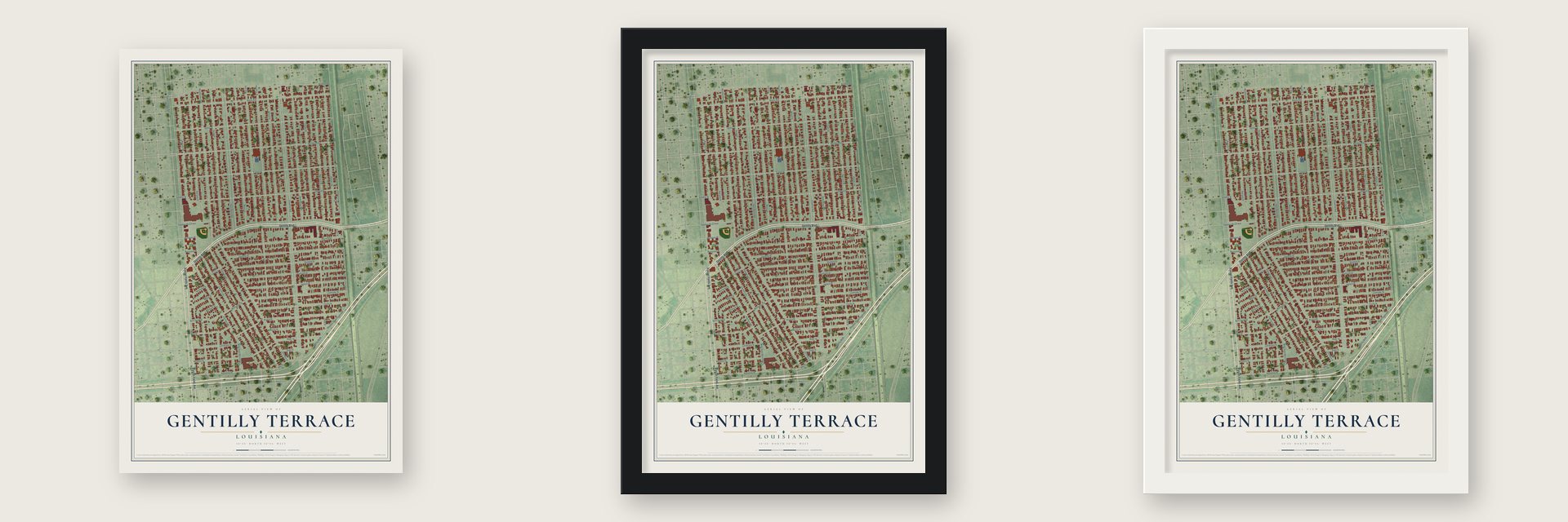 Gentilly Terrace, Louisiana map unframed, in a black wood frame and in a white wood frame