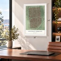 Gentilly Terrace, Louisiana map, 18 x 24 inch print in a white frame in a home office