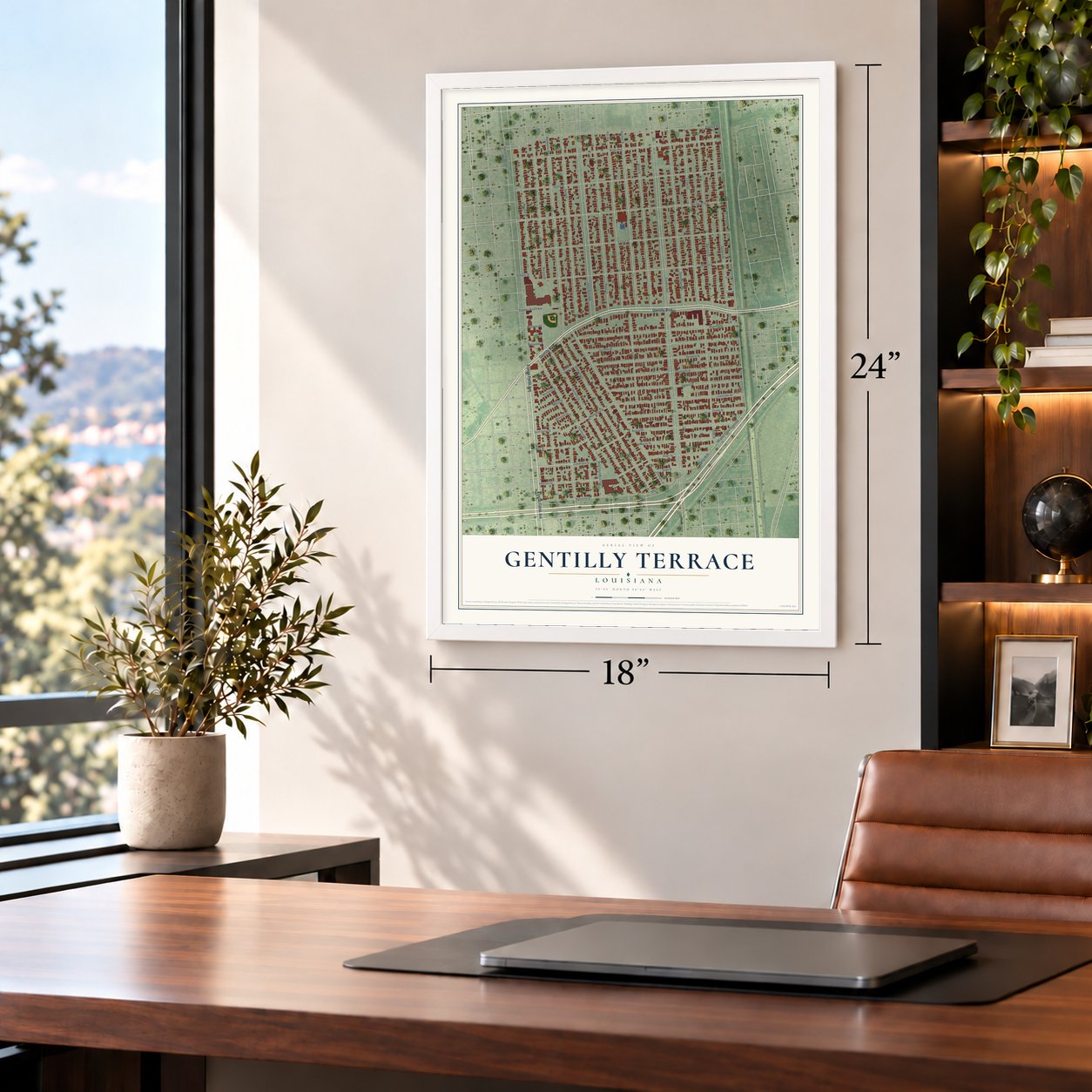 Gentilly Terrace, Louisiana map, 18 x 24 inch print in a white frame in a home office