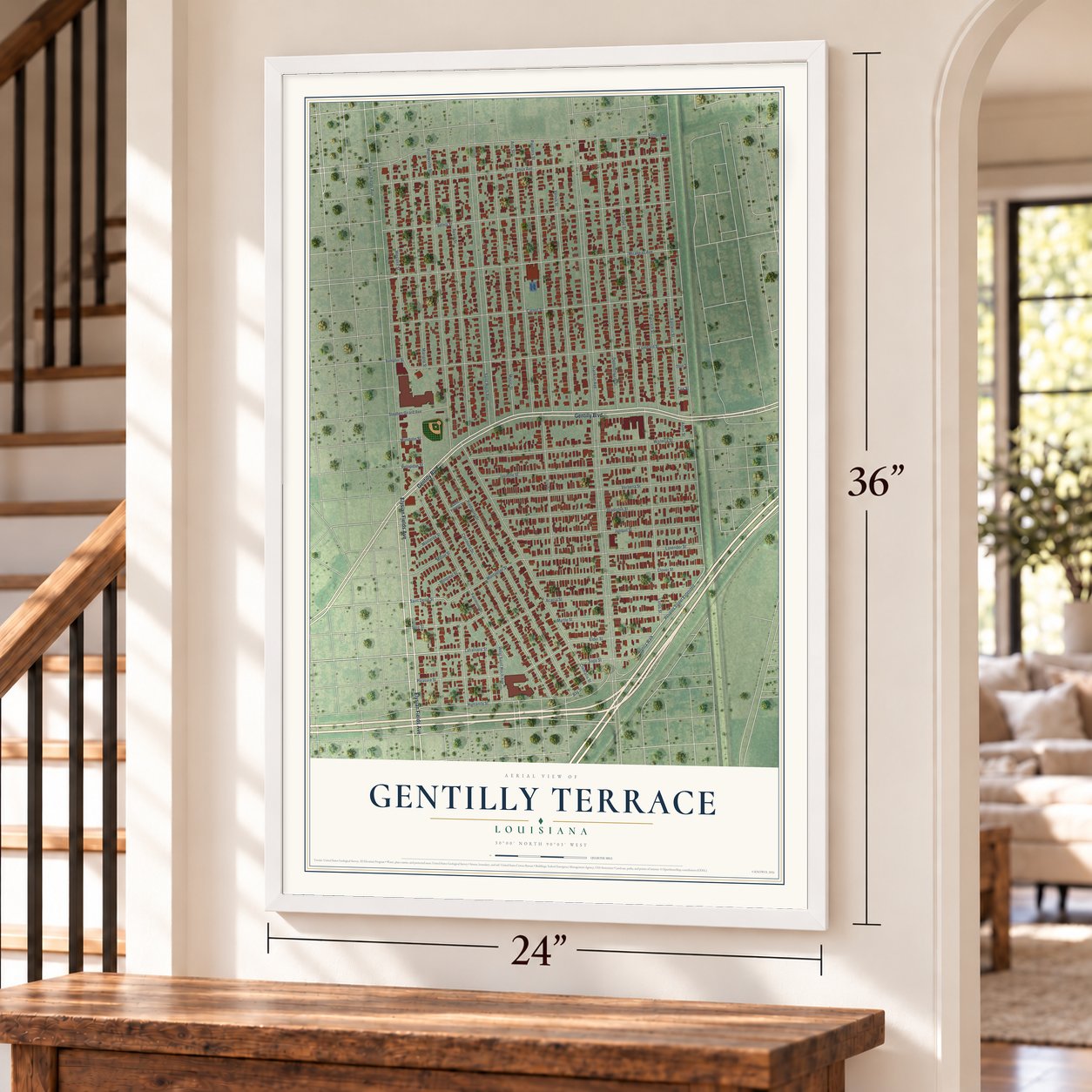 Gentilly Terrace, Louisiana map, 24 x 36 inch print in a white frame by a staircase