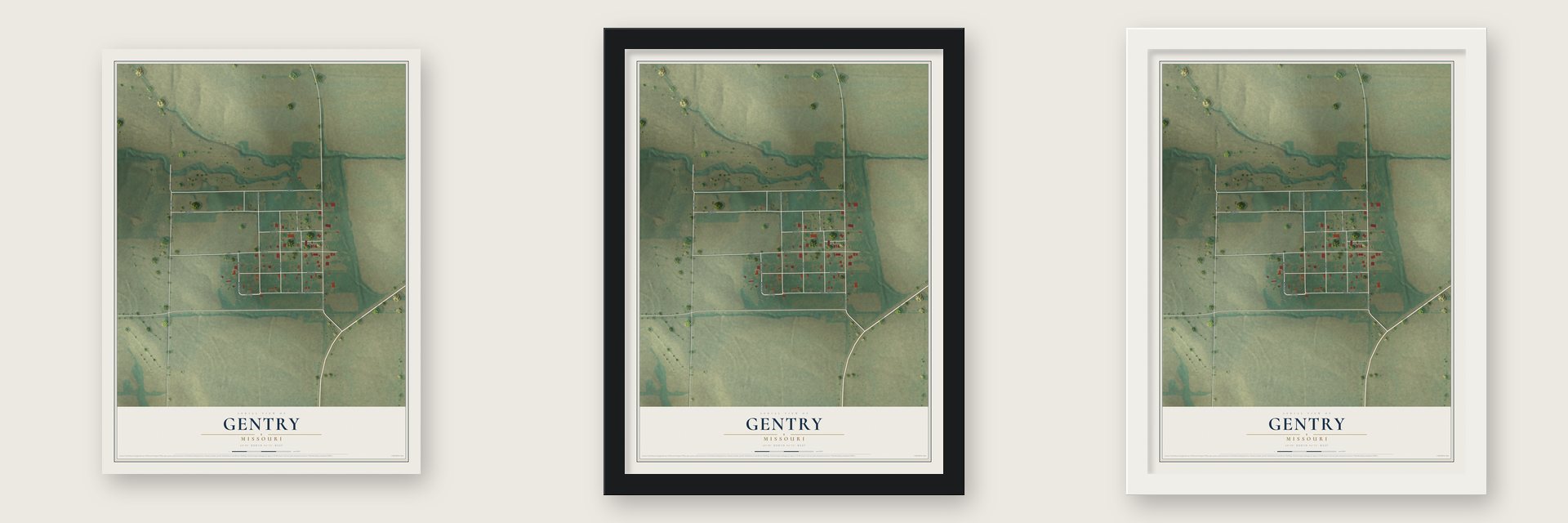 Gentry, Missouri map unframed, in a black wood frame and in a white wood frame