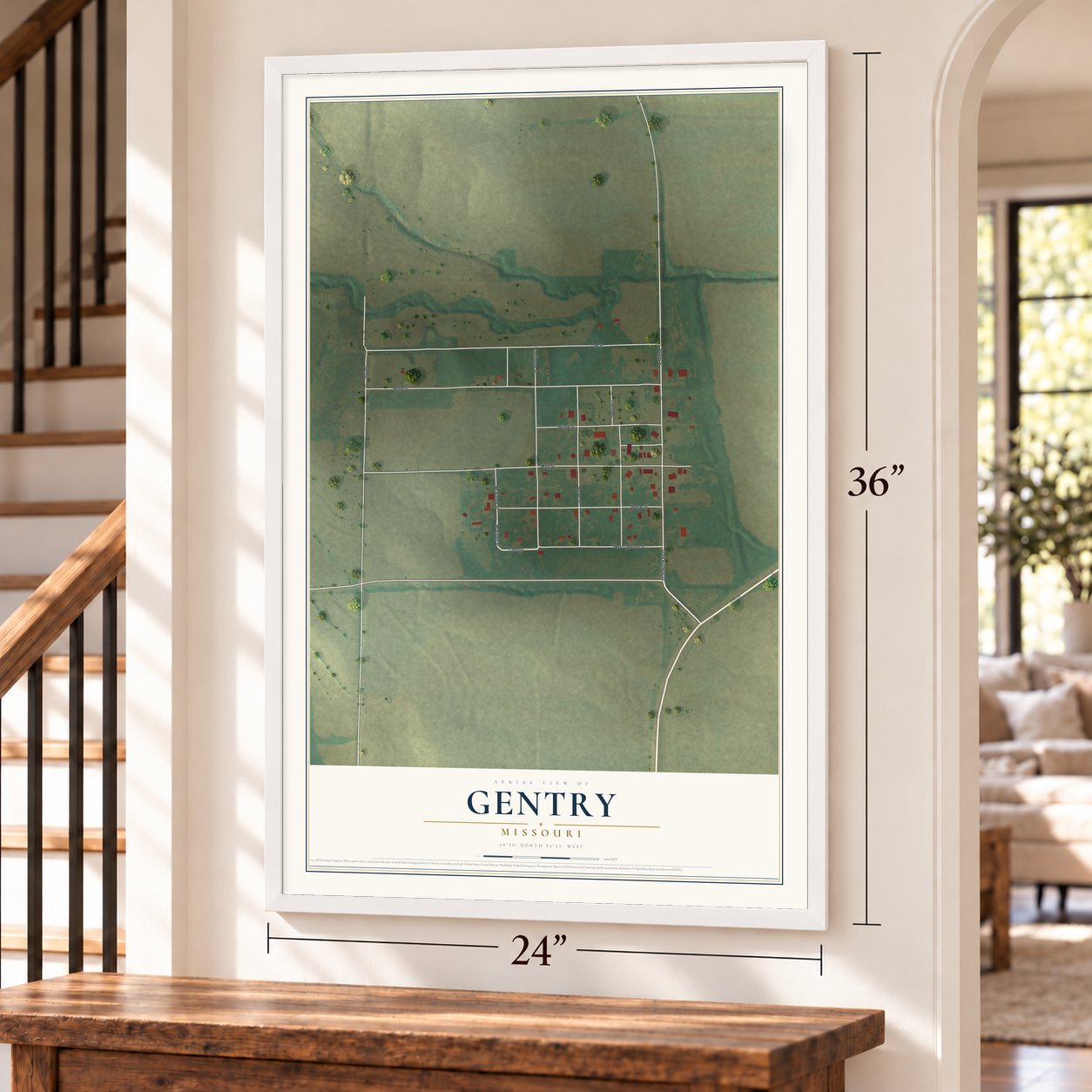 Gentry, Missouri map, 24 x 36 inch print in a white frame by a staircase