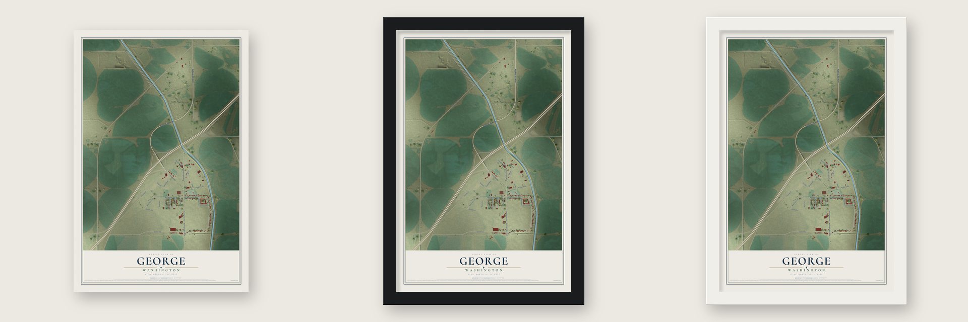 George, Washington map unframed, in a black wood frame and in a white wood frame