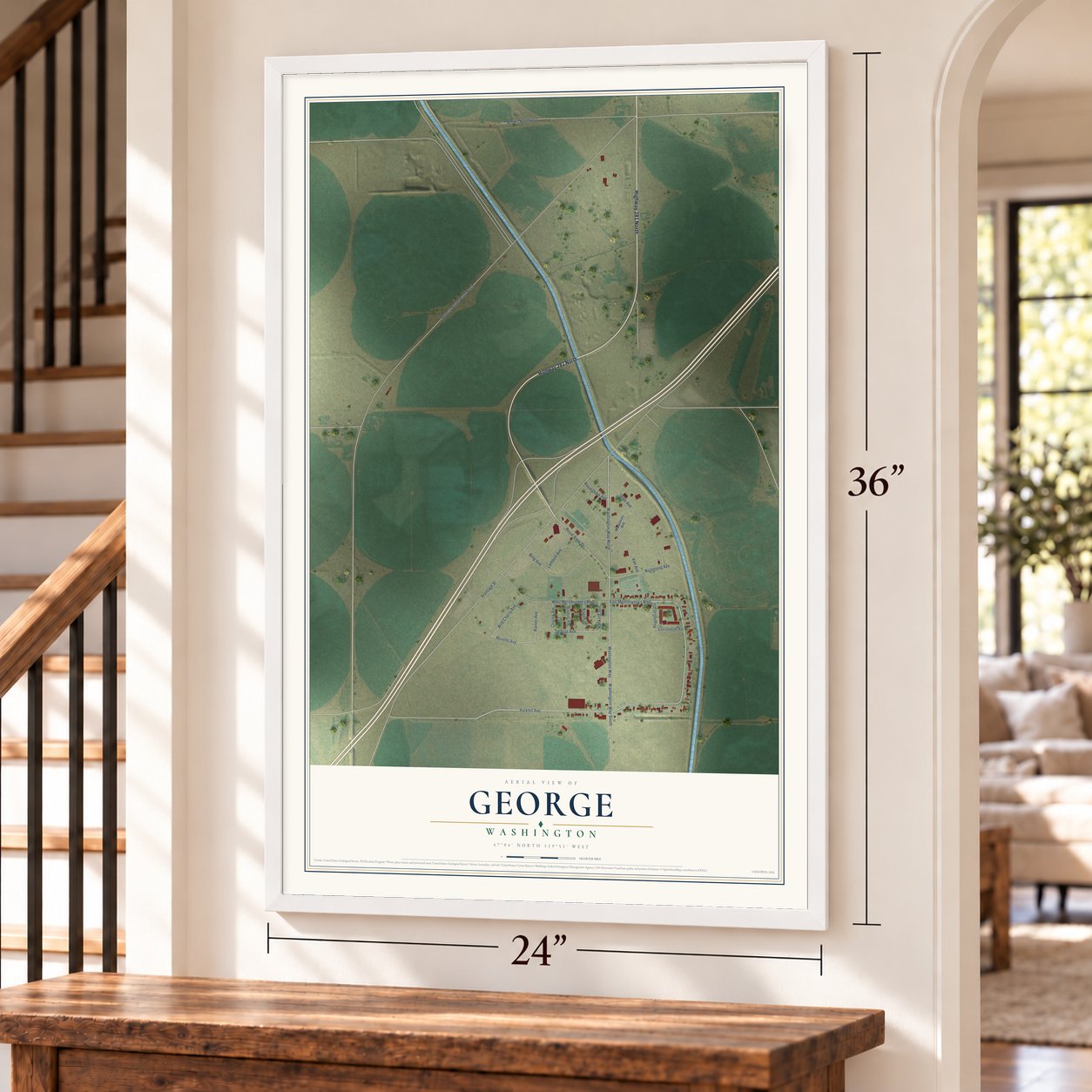 George, Washington map, 24 x 36 inch print in a white frame by a staircase