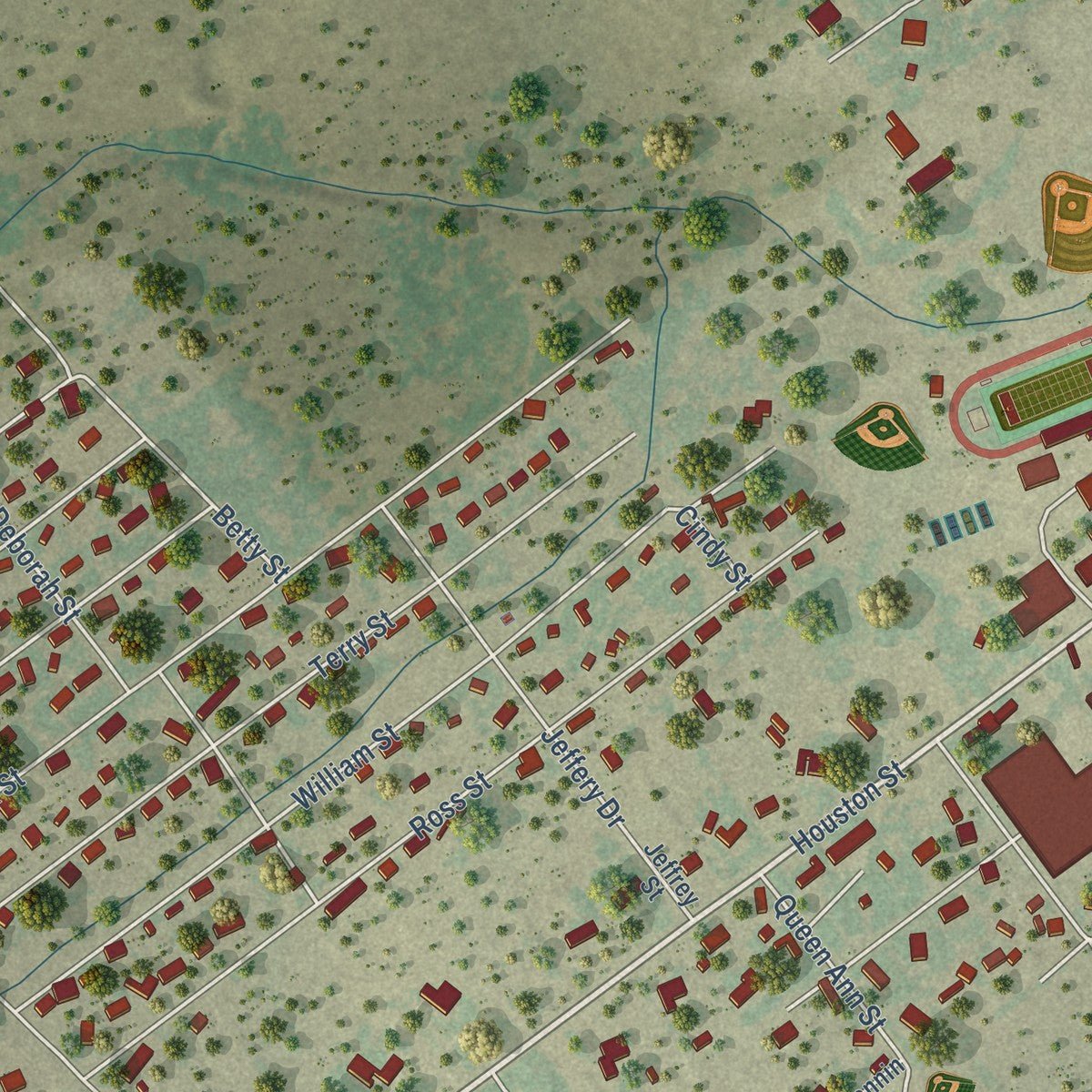 Second close-up of the map of George West, Texas print showing more streets and buildings