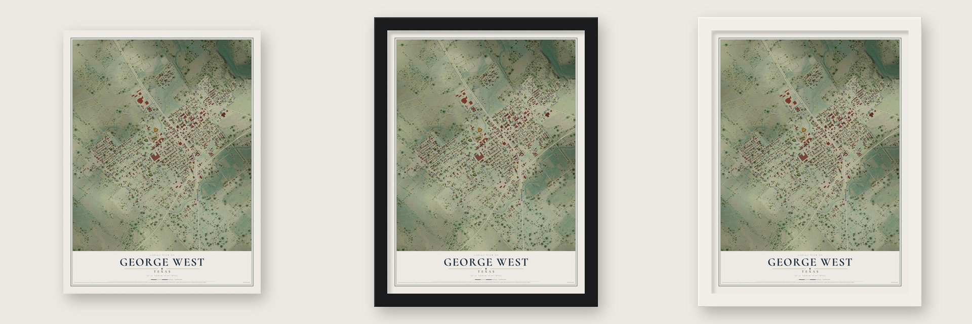 George West, Texas map unframed, in a black wood frame and in a white wood frame