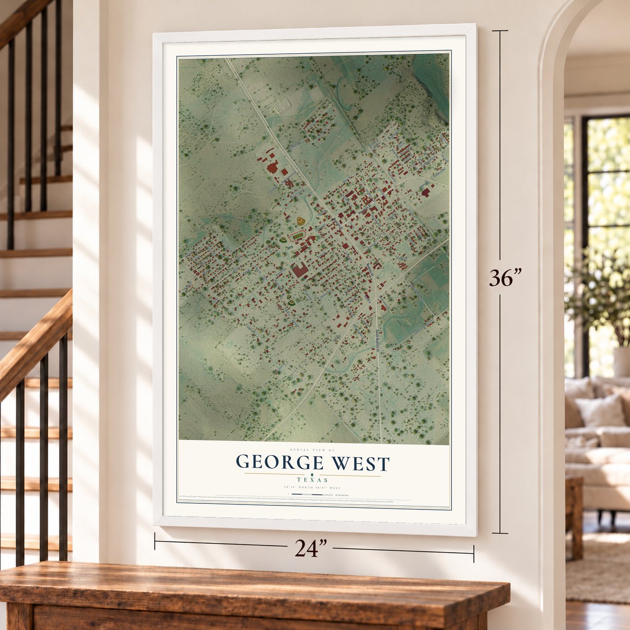 George West, Texas map, 24 x 36 inch print in a white frame by a staircase