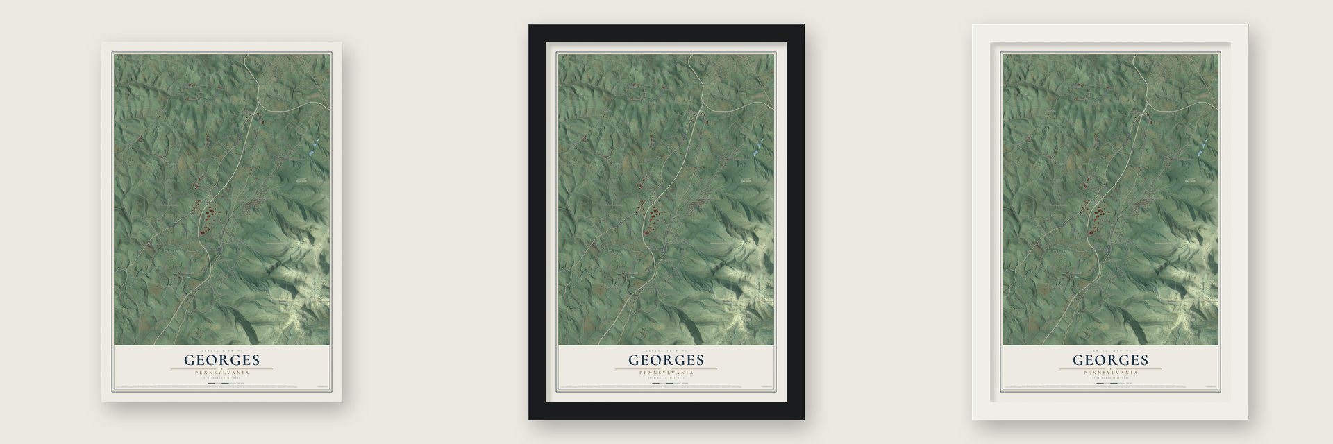Georges, Pennsylvania map unframed, in a black wood frame and in a white wood frame