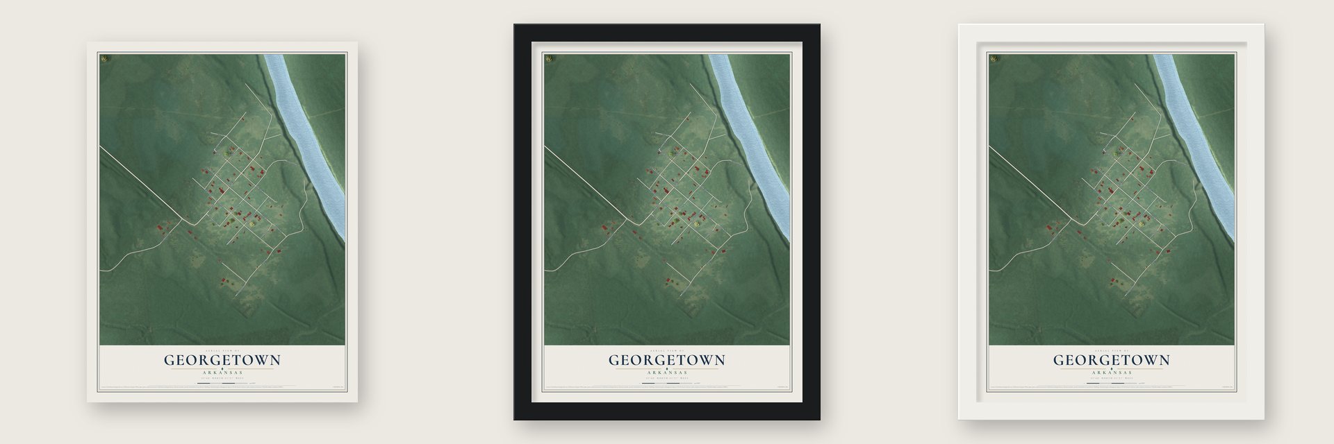 Georgetown, Arkansas map unframed, in a black wood frame and in a white wood frame