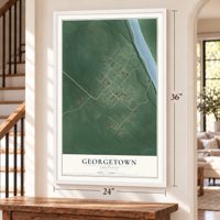 Georgetown, Arkansas map, 24 x 36 inch print in a white frame by a staircase
