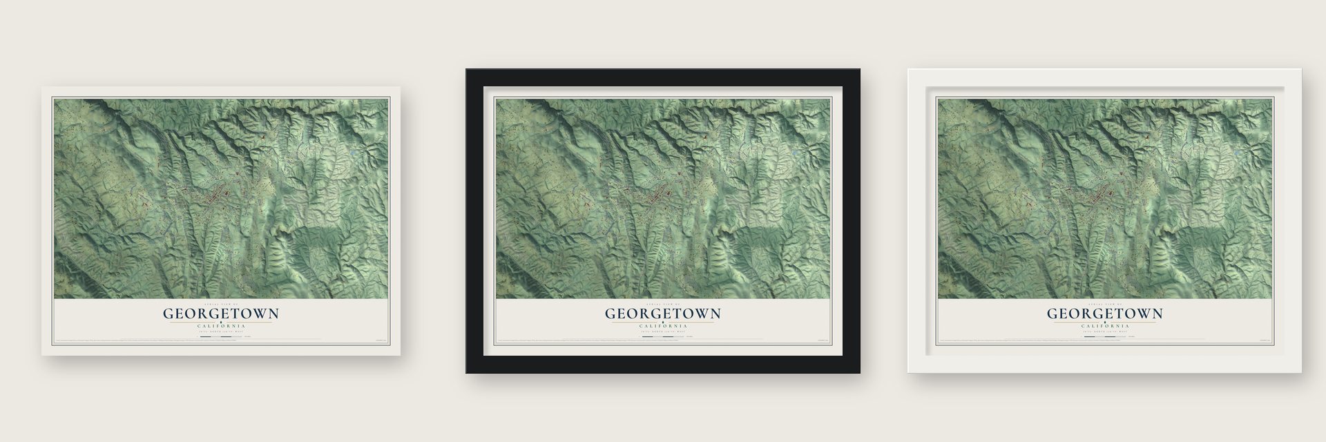 Georgetown, California map unframed, in a black wood frame and in a white wood frame