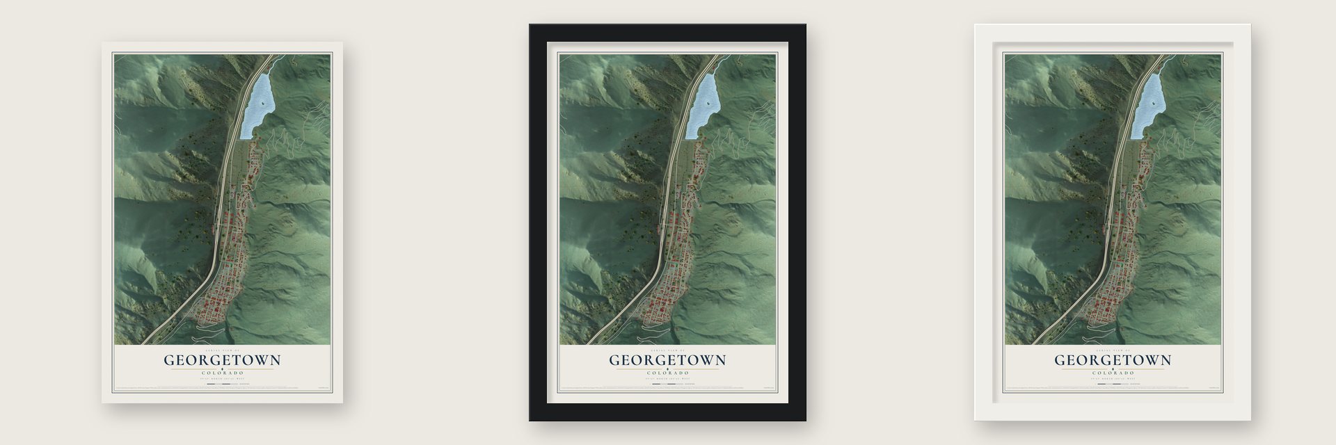 Georgetown, Colorado map unframed, in a black wood frame and in a white wood frame