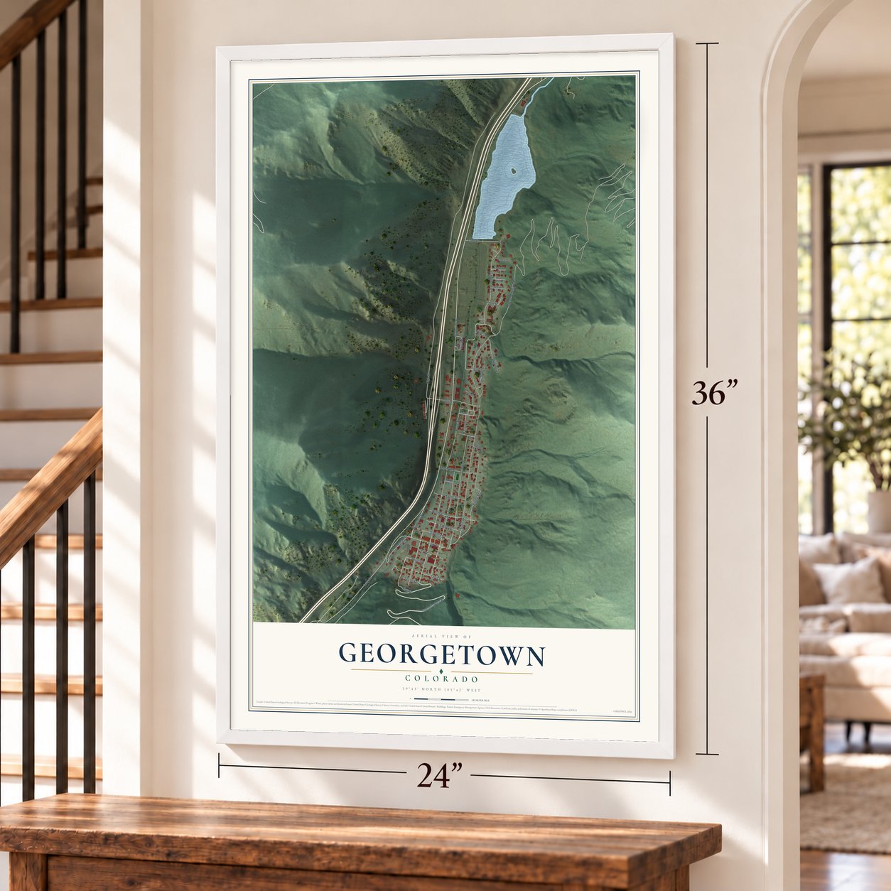 Georgetown, Colorado map, 24 x 36 inch print in a white frame by a staircase