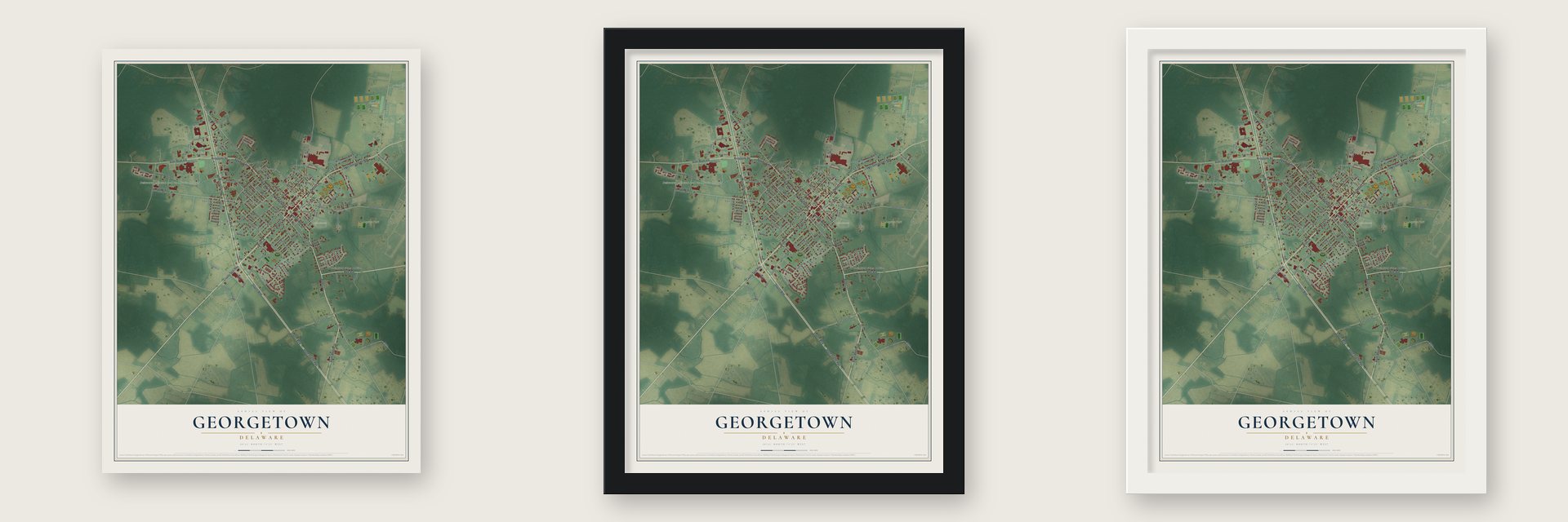 Georgetown, Delaware map unframed, in a black wood frame and in a white wood frame