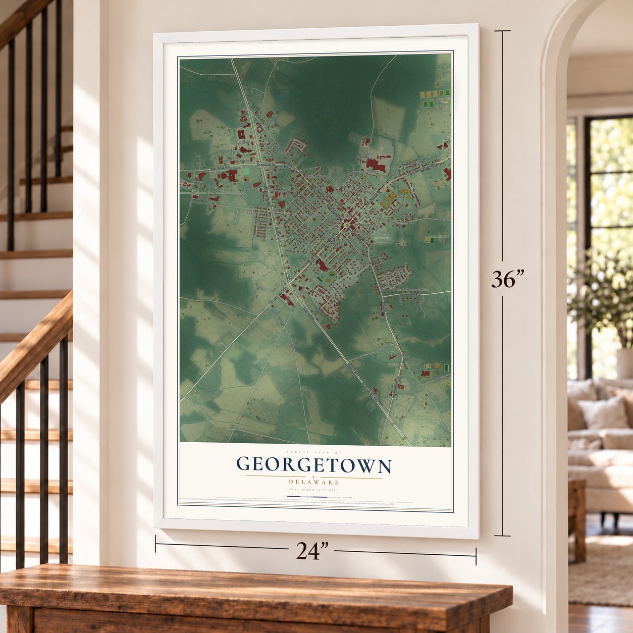 Georgetown, Delaware map, 24 x 36 inch print in a white frame by a staircase