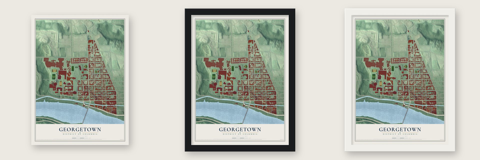 Georgetown, District of Columbia map unframed, in a black wood frame and in a white wood frame