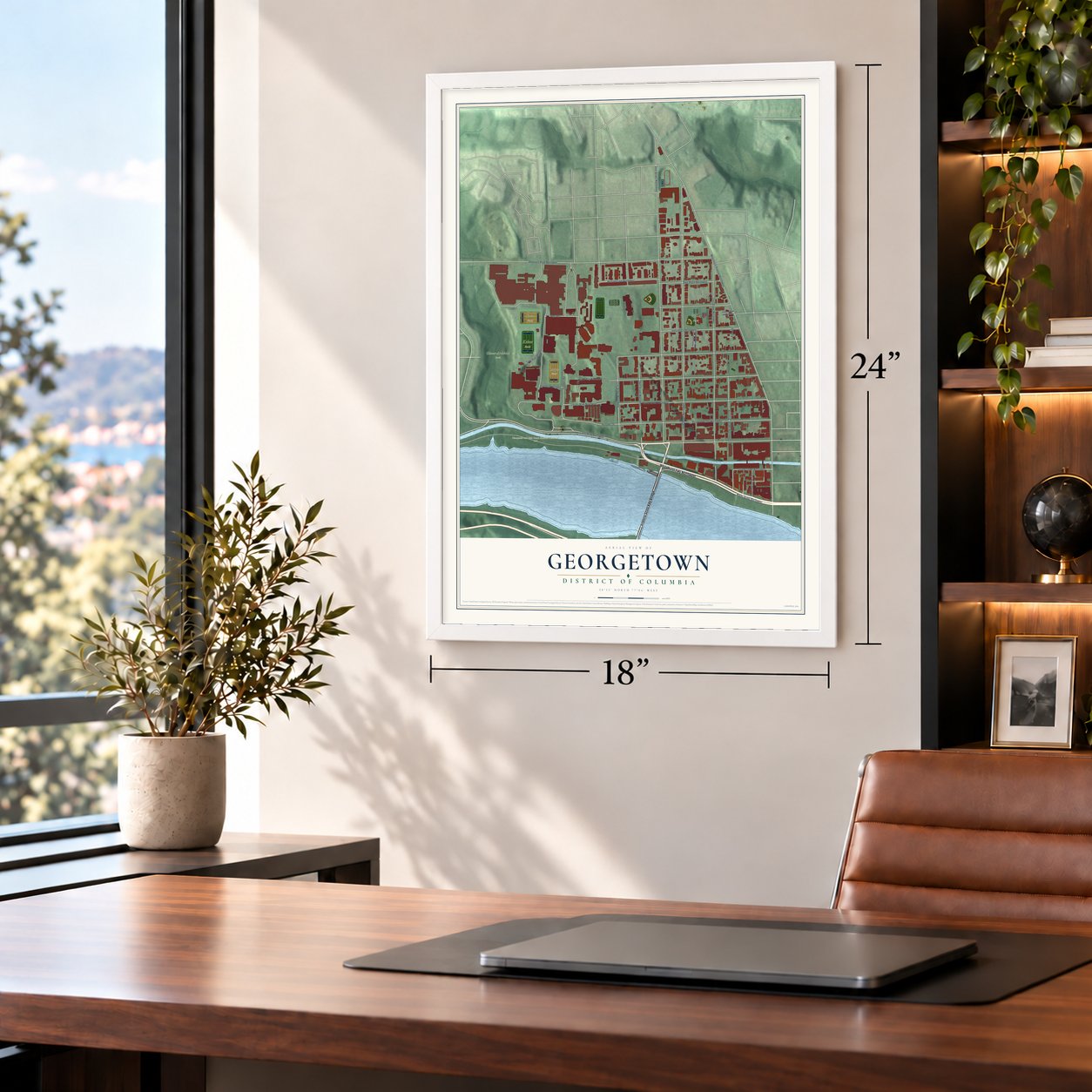 Georgetown, District of Columbia map, 18 x 24 inch print in a white frame in a home office