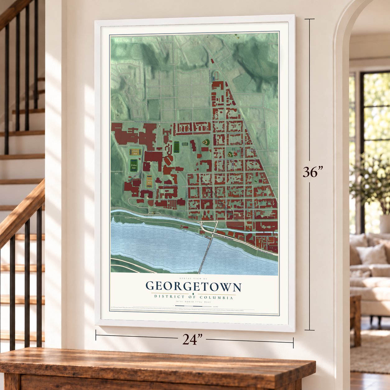 Georgetown, District of Columbia map, 24 x 36 inch print in a white frame by a staircase