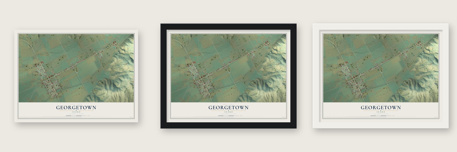 Georgetown, Idaho map unframed, in a black wood frame and in a white wood frame