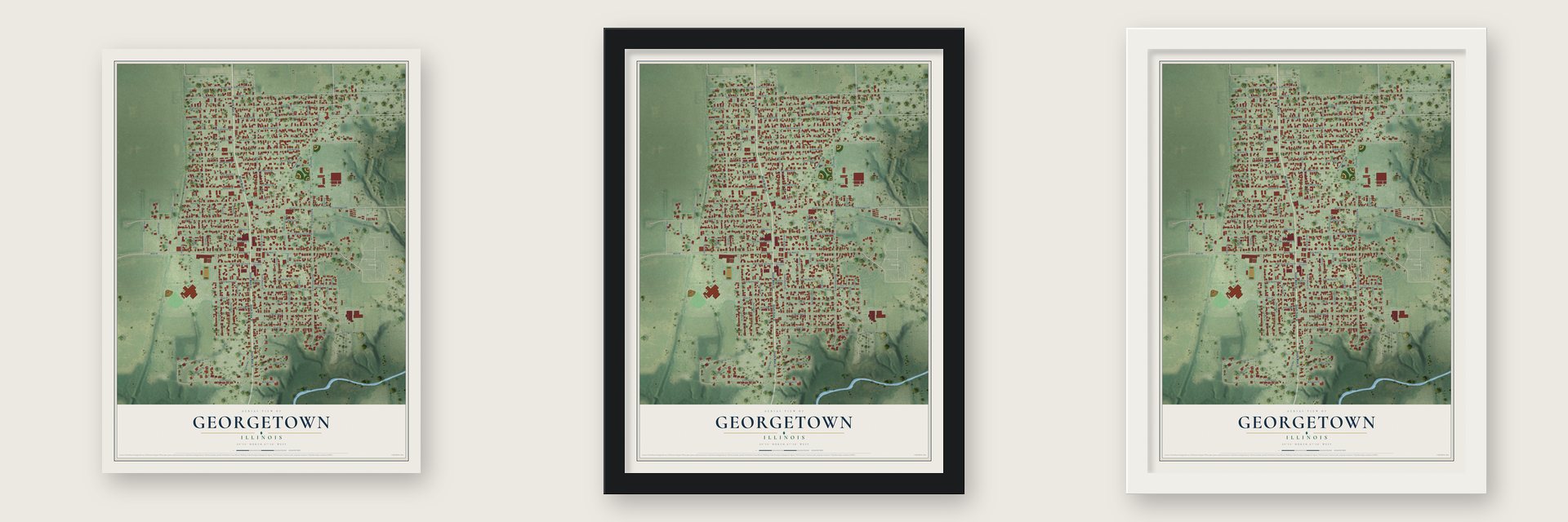 Georgetown, Illinois map unframed, in a black wood frame and in a white wood frame