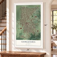 Georgetown, Illinois map, 24 x 36 inch print in a white frame by a staircase