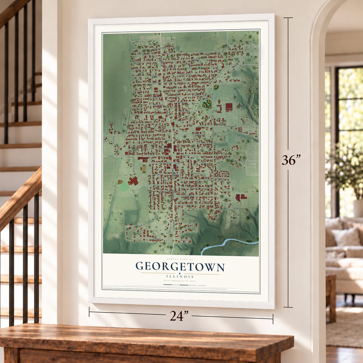 Georgetown, Illinois map, 24 x 36 inch print in a white frame by a staircase