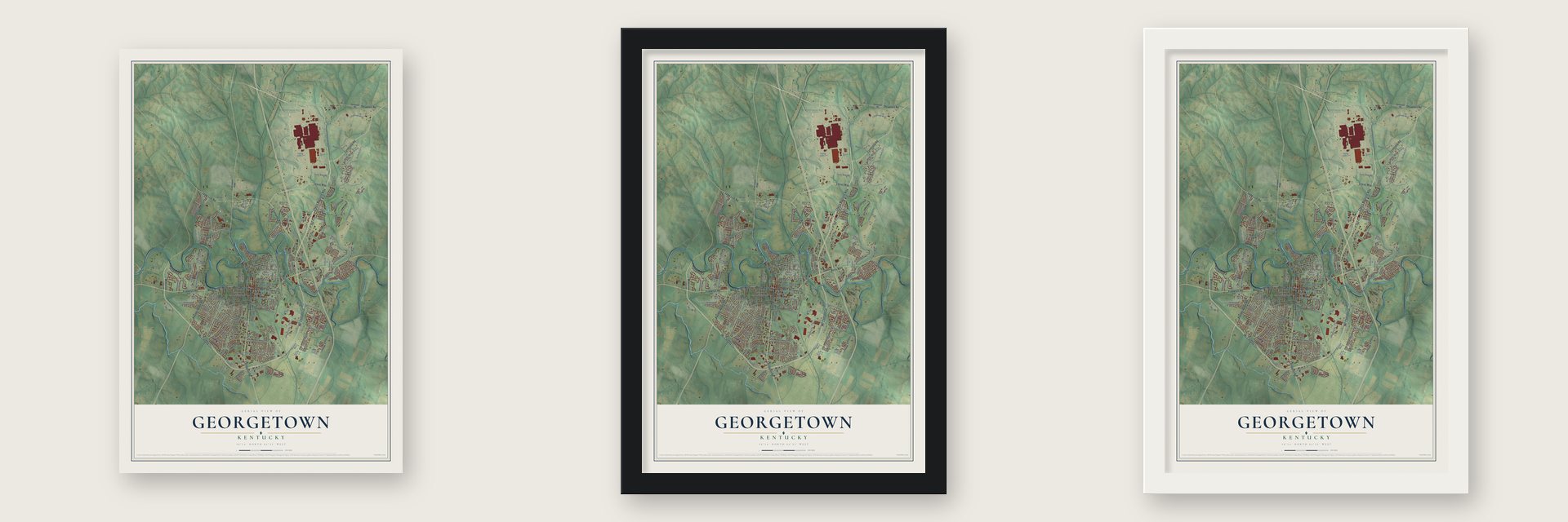 Georgetown, Kentucky map unframed, in a black wood frame and in a white wood frame