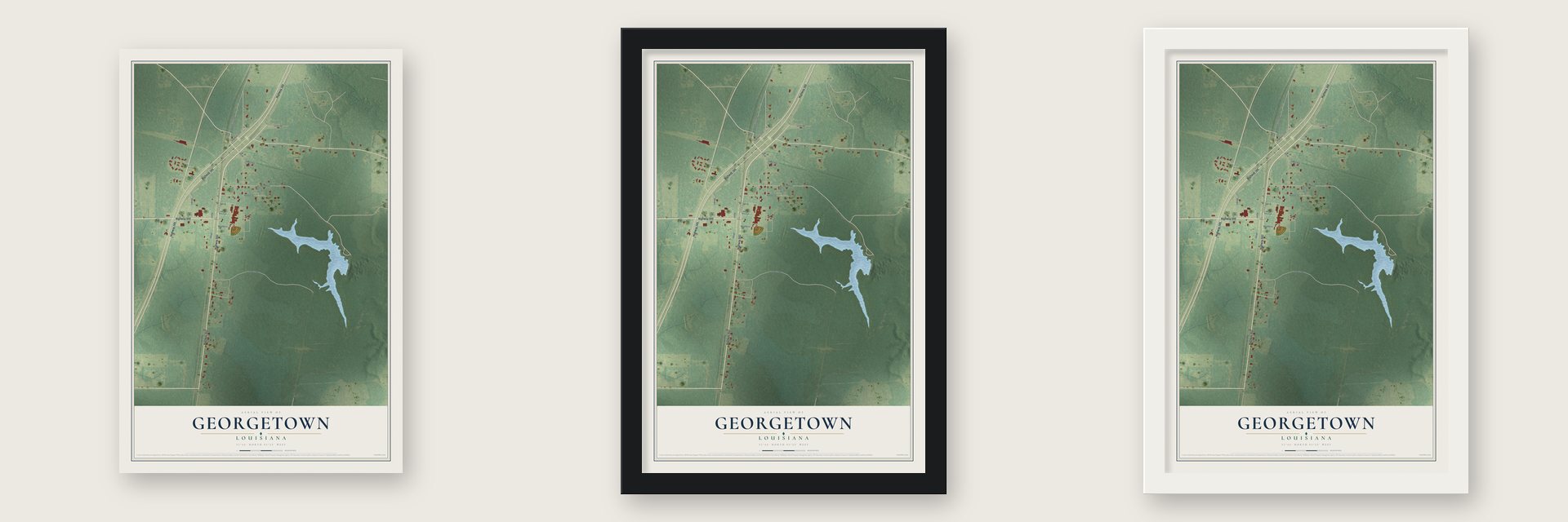 Georgetown, Louisiana map unframed, in a black wood frame and in a white wood frame