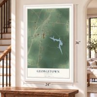 Georgetown, Louisiana map, 24 x 36 inch print in a white frame by a staircase