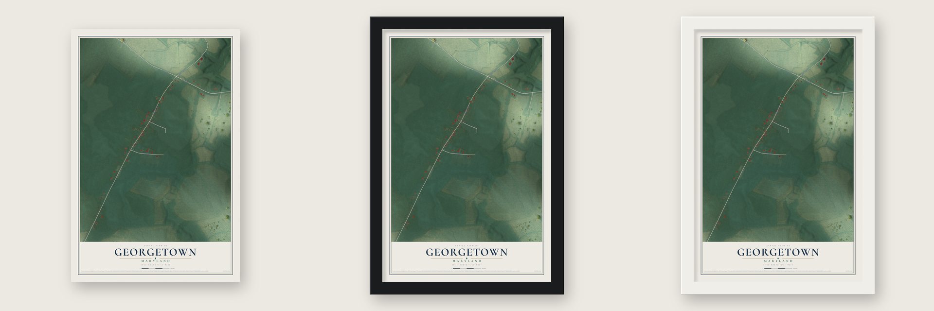 Georgetown, Maryland map unframed, in a black wood frame and in a white wood frame