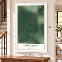Georgetown, Maryland map, 24 x 36 inch print in a white frame by a staircase