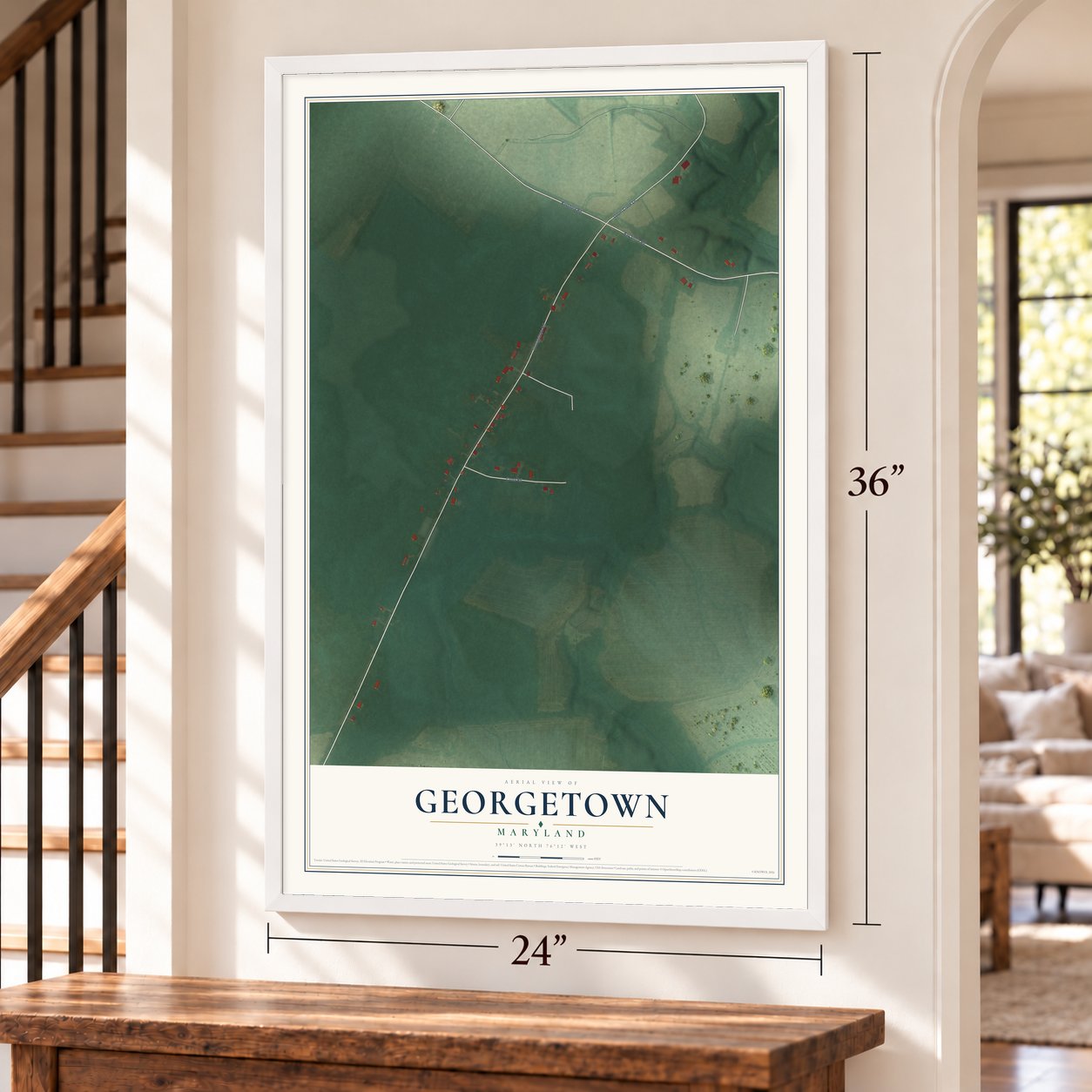 Georgetown, Maryland map, 24 x 36 inch print in a white frame by a staircase