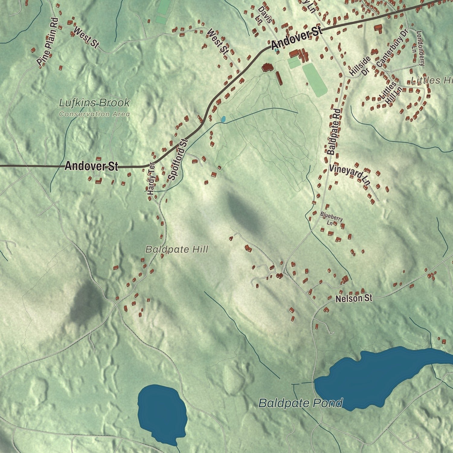 Close-up of the map of Georgetown, Massachusetts print showing terrain and local geography
