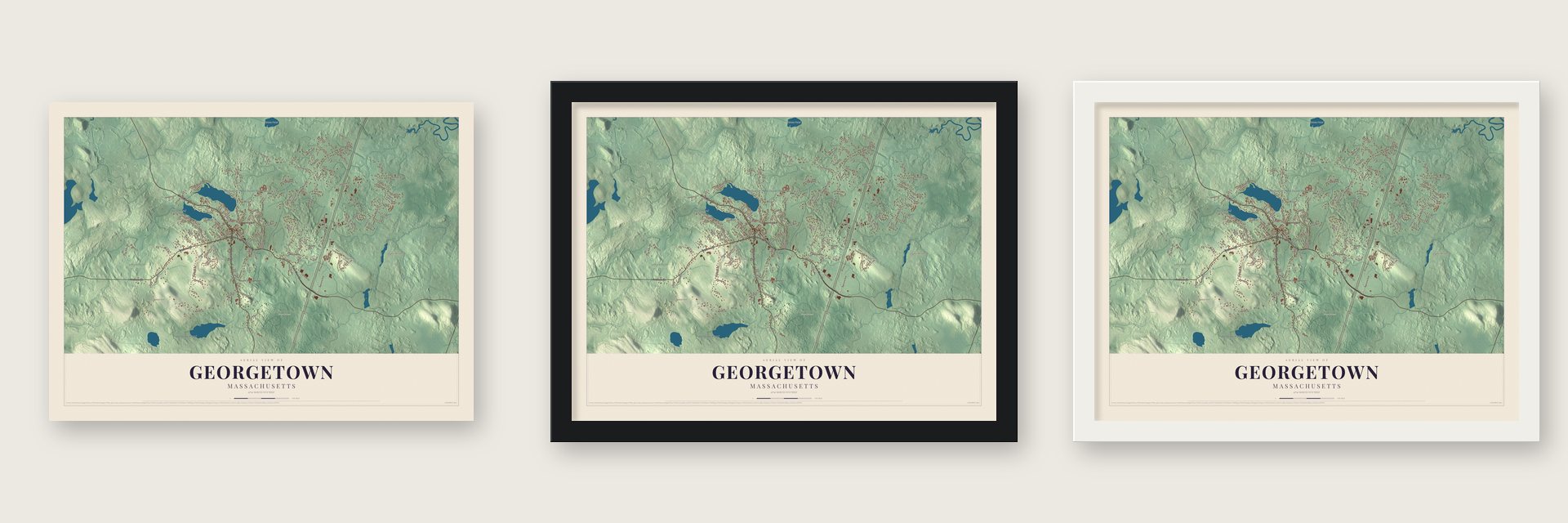 Georgetown, Massachusetts map unframed, in a black wood frame and in a white wood frame